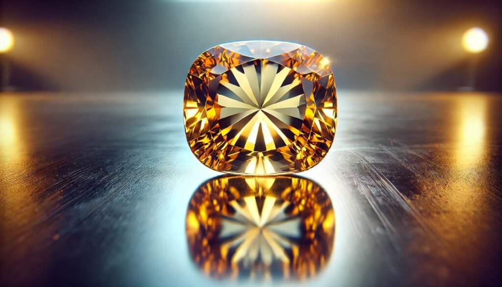 A radiant cushion-cut golden gemstone displayed on a reflective surface, showcasing its brilliance and fiery facets.