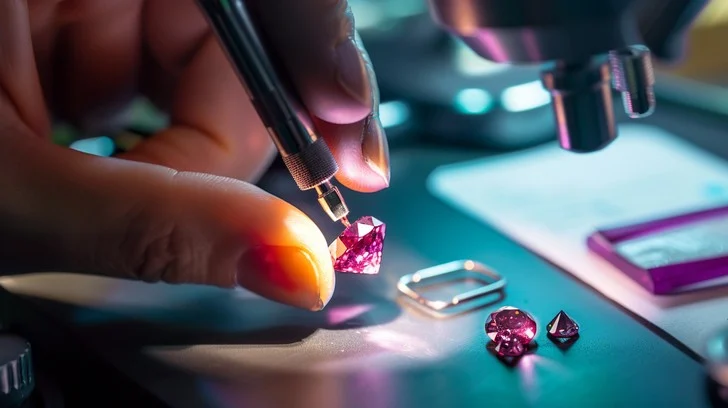 A jeweler using a specialized tool to carefully insert a purple gemstone into a jewelry setting with precision.